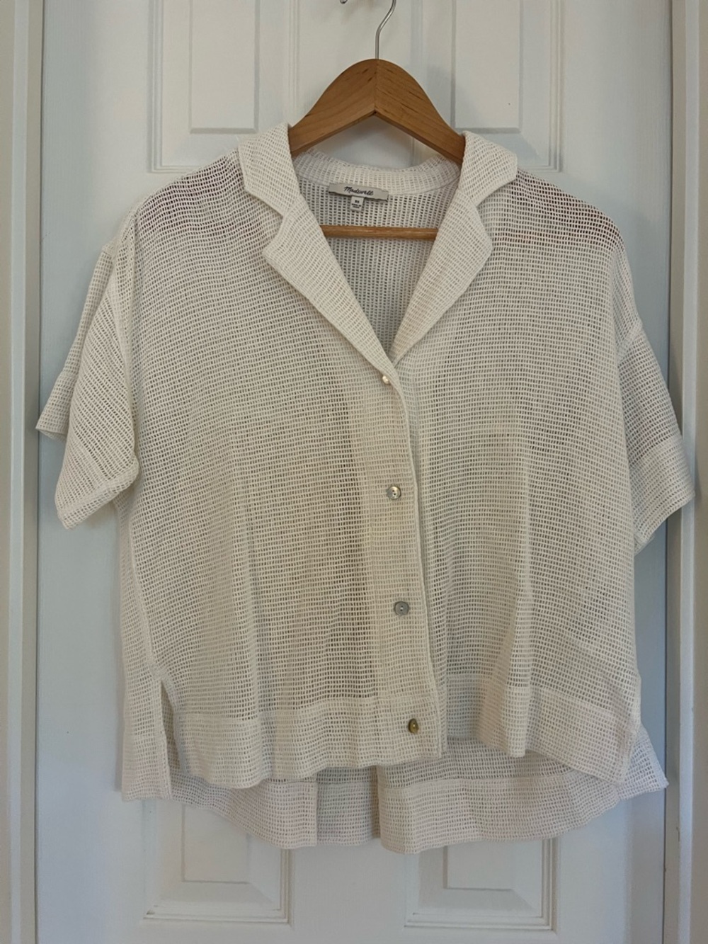 Madewell Ivory Open-Knit Short Sleeve Button-Up Top